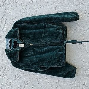 NWT NEW VS PINK Know One Cares Dark  Green Faux Fur Semi Cropped Jacket Size S